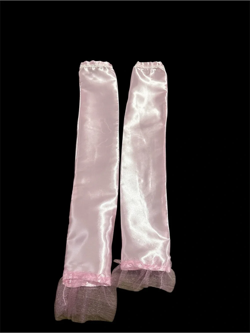 Sheer White Satin Opera Gloves with Pink Trim handmade